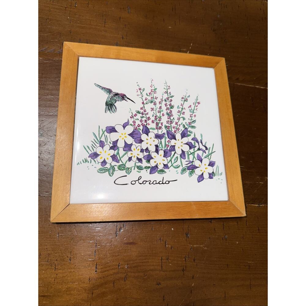 Hand Painted Ceramic Colorado Tile In Wood Frame 7" X 7"